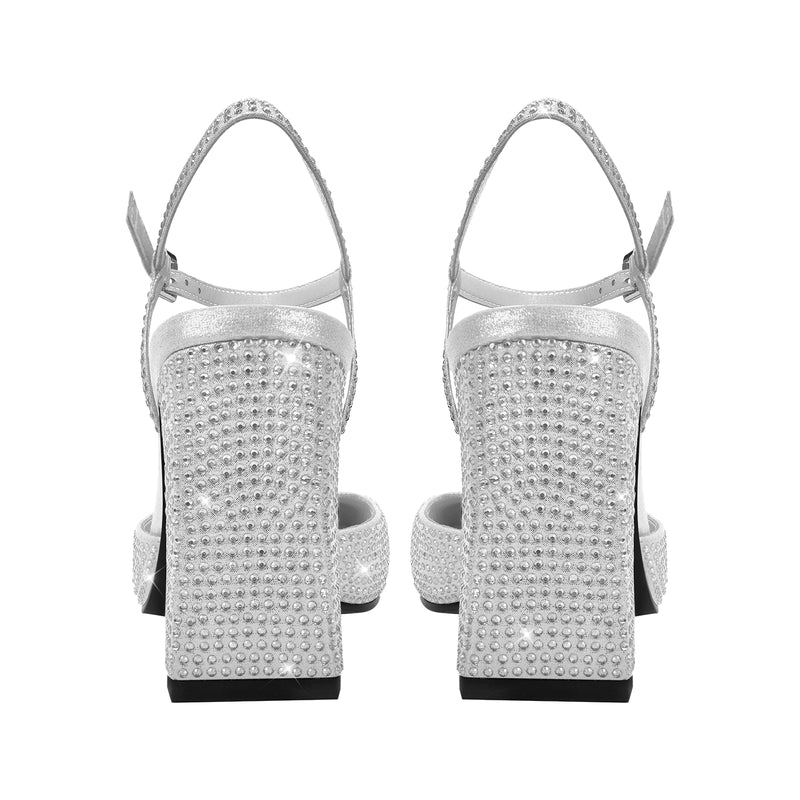 Rhinestone Square Toe Chunky Heel Ankle Strap Pumps