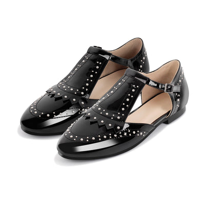 Hollow Black Round Toe Strap Rivet Flats