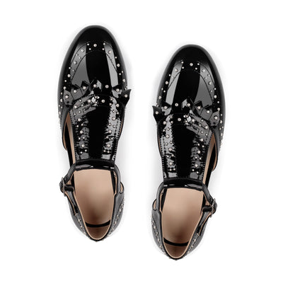 Hollow Black Round Toe Strap Rivet Flats