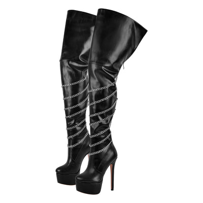 Metal Chain Round Toe Stiletto Over The Knee Boots
