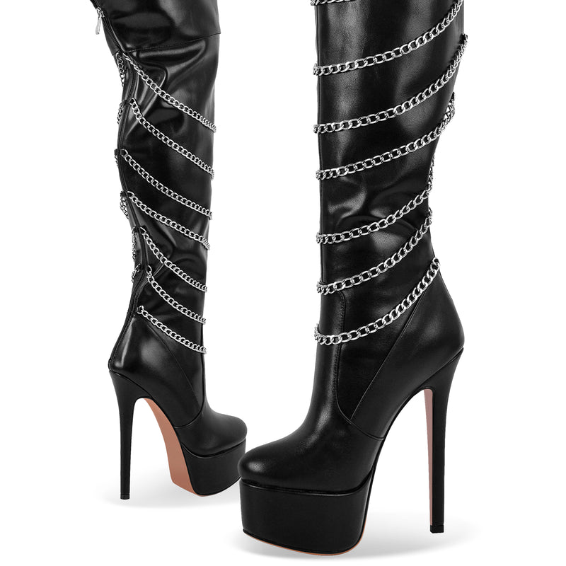 Metal Chain Round Toe Stiletto Over The Knee Boots