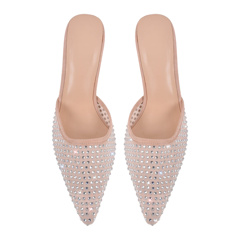 Pointed Toe Rhinestone Slip On Mules