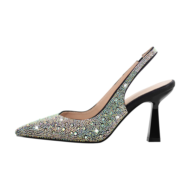 Pointed Toe Rhinestone Kitten Heel Slingback Pumps