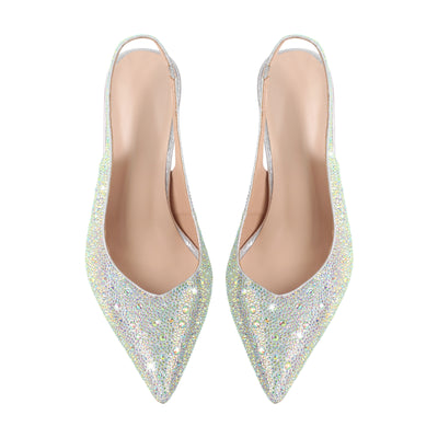 Pointed Toe Rhinestone Kitten Heel Slingback Pumps