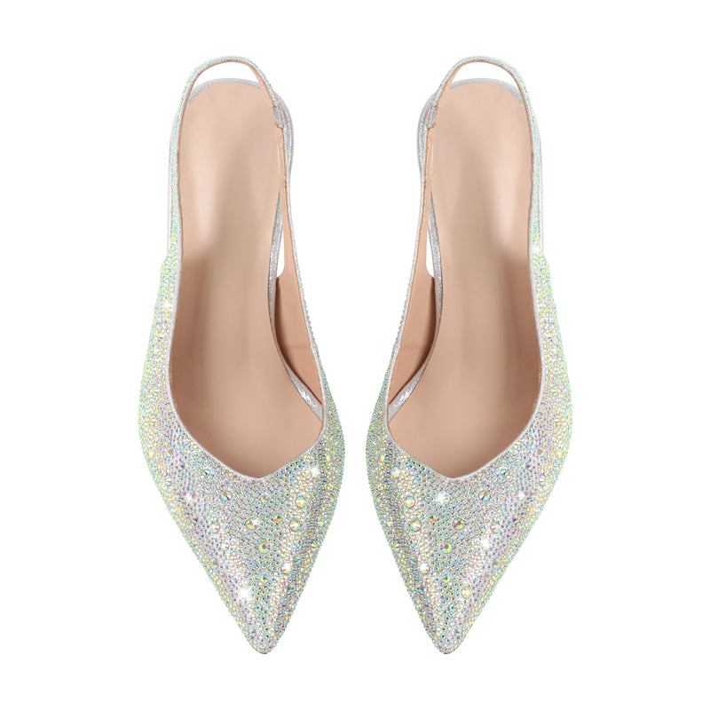 Pointed Toe Rhinestone Kitten Heel Slingback Pumps