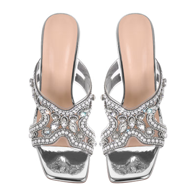 Pearl Rhinestone Square Toe Chunky Heel Sandals