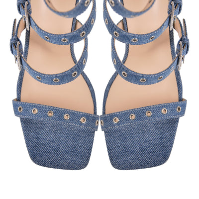 Denim Hollow Buckle Starp Thigh Stiletto Bootie Sandals