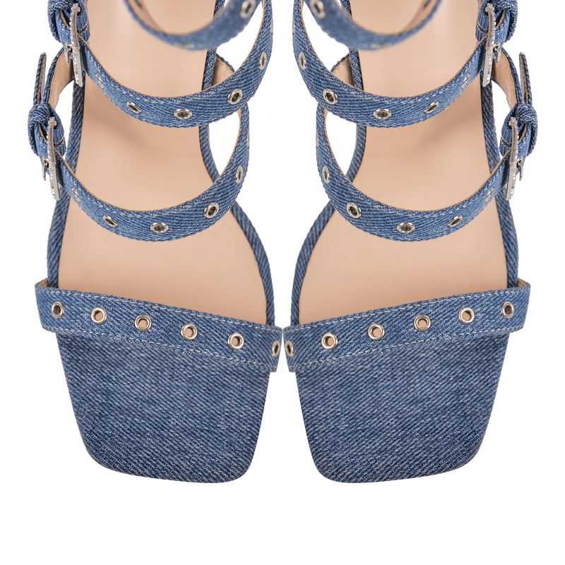 Denim Hollow Buckle Starp Thigh Stiletto Bootie Sandals