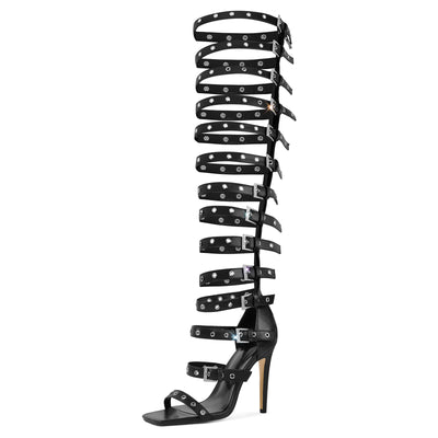 Denim Hollow Buckle Starp Thigh Stiletto Bootie Sandals