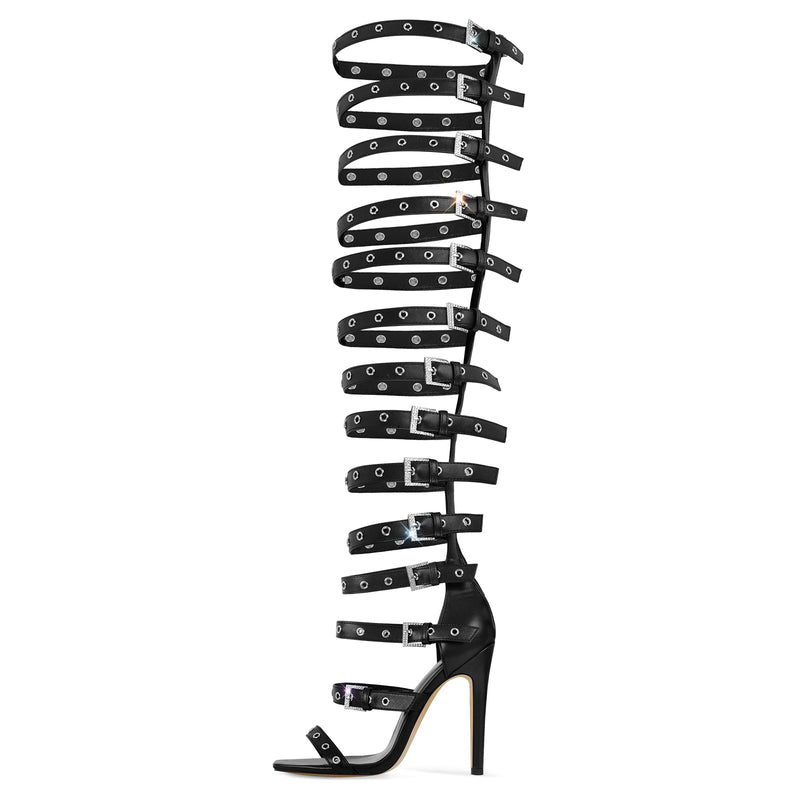 Denim Hollow Buckle Starp Thigh Stiletto Bootie Sandals
