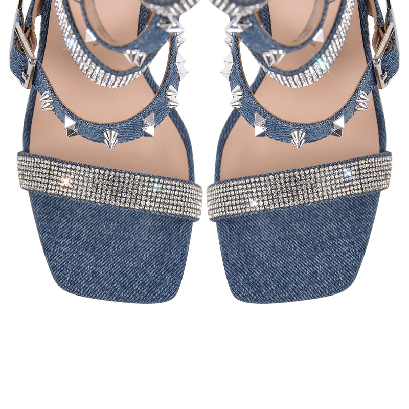 Denim Hollow Rivet Buckle Strap Bootie Sandals