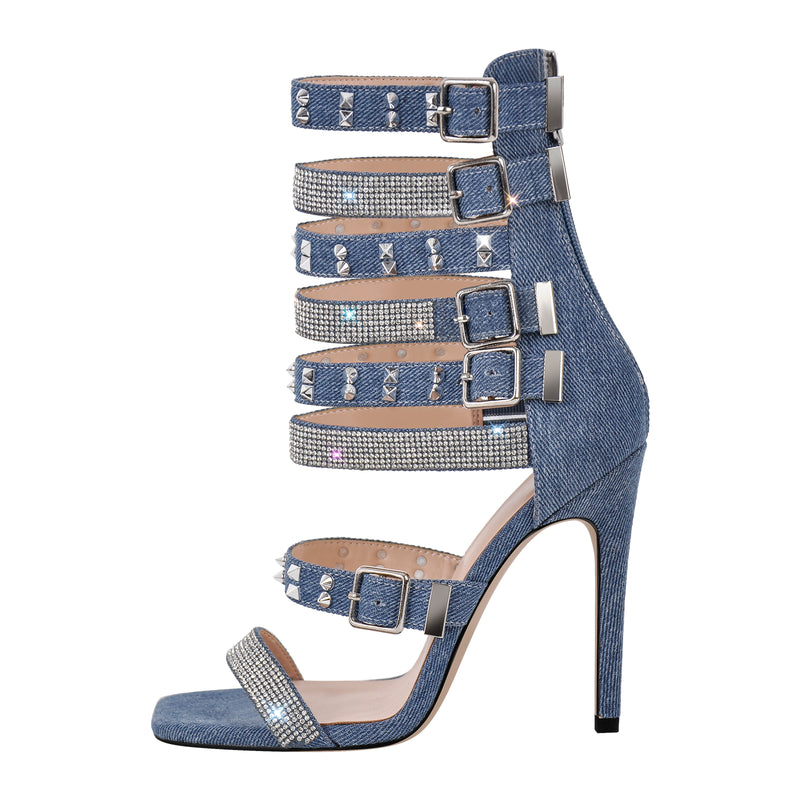 Denim Hollow Rivet Buckle Strap Bootie Sandals