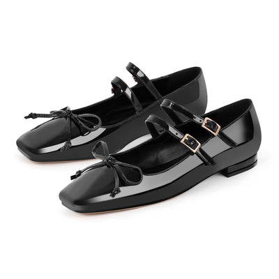 Black Bow Square Toe Buckle Ballet Flats