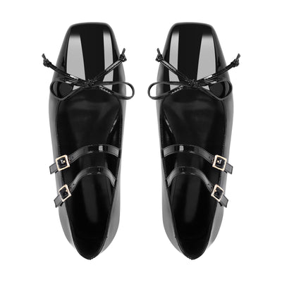 Black Bow Square Toe Buckle Ballet Flats