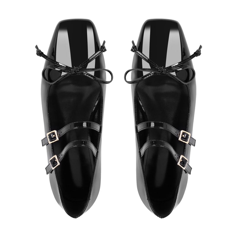 Black Bow Square Toe Buckle Ballet Flats