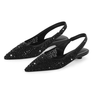 Mesh Round Heel Rhinestone Slingback Flats