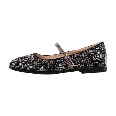 Round Toe Rhinestone Buckle Strap Flats