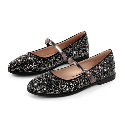 Round Toe Rhinestone Buckle Strap Flats