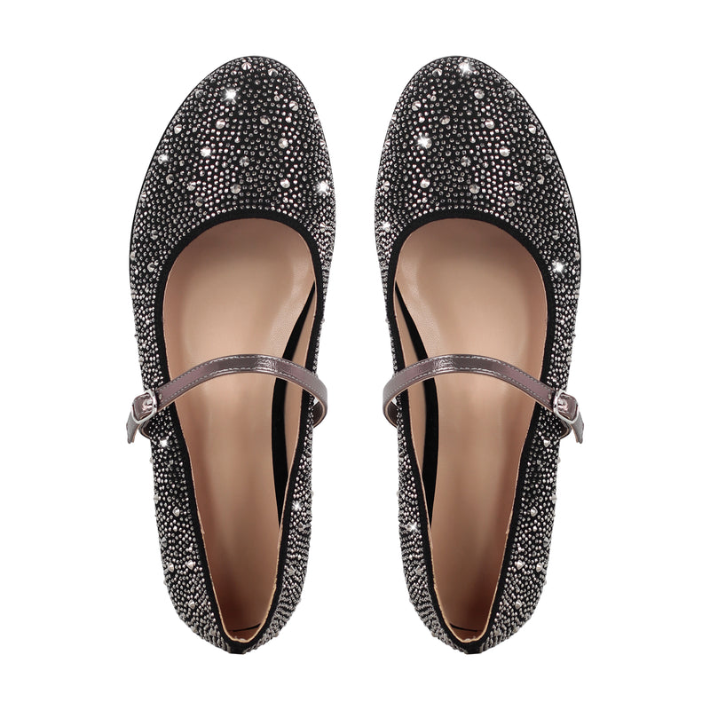 Round Toe Rhinestone Buckle Strap Flats