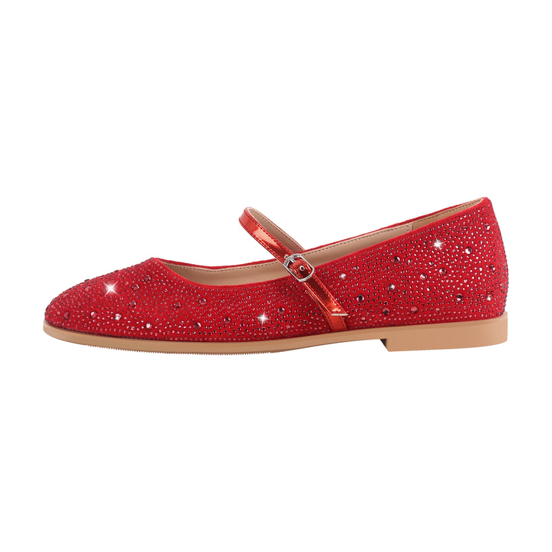 Round Toe Rhinestone Buckle Strap Flats