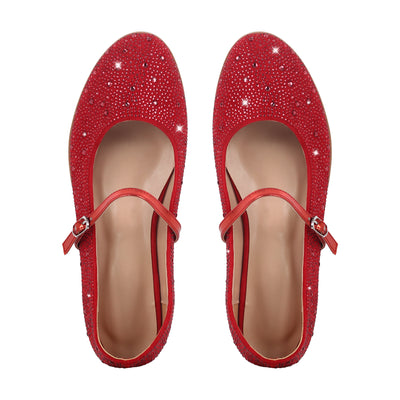 Round Toe Rhinestone Buckle Strap Flats