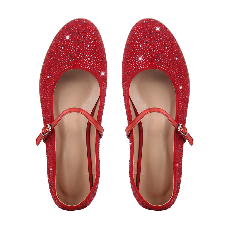 Round Toe Rhinestone Buckle Strap Flats