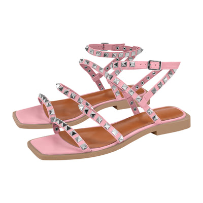 Rivet Square Toe Ankle Strap Flat Sandals