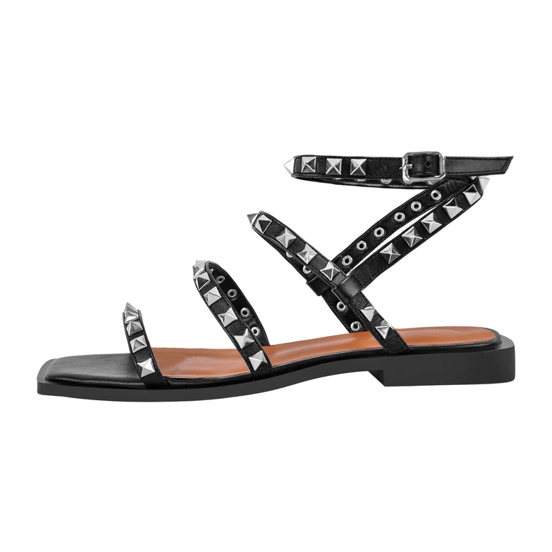 Rivet Square Toe Ankle Strap Flat Sandals