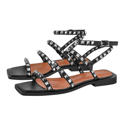 Rivet Square Toe Ankle Strap Flat Sandals