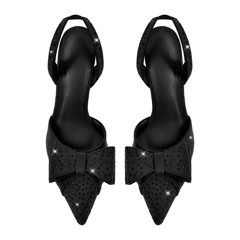 Suede Bow Rhinestone Slingback Stiletto Pumps