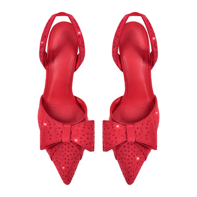 Suede Bow Rhinestone Slingback Stiletto Pumps