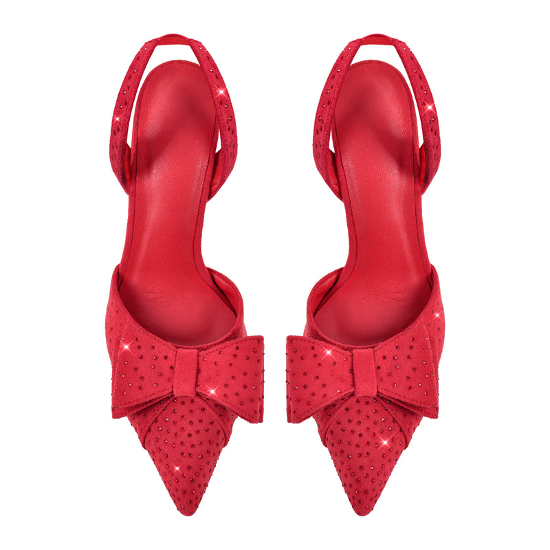 Suede Bow Rhinestone Slingback Stiletto Pumps