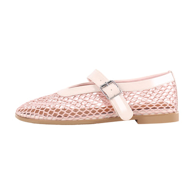 Round Toe Mesh Buckle Strap Ballet Flats