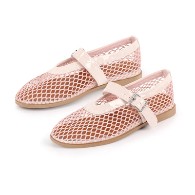 Round Toe Mesh Buckle Strap Ballet Flats