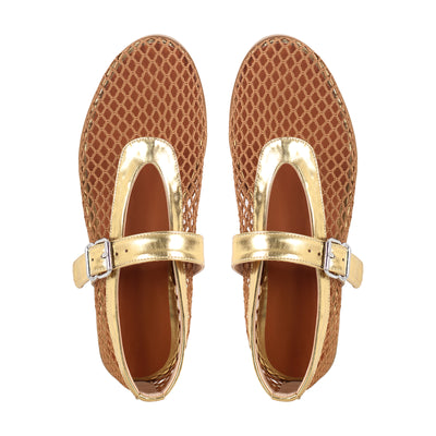 Round Toe Mesh Buckle Strap Ballet Flats