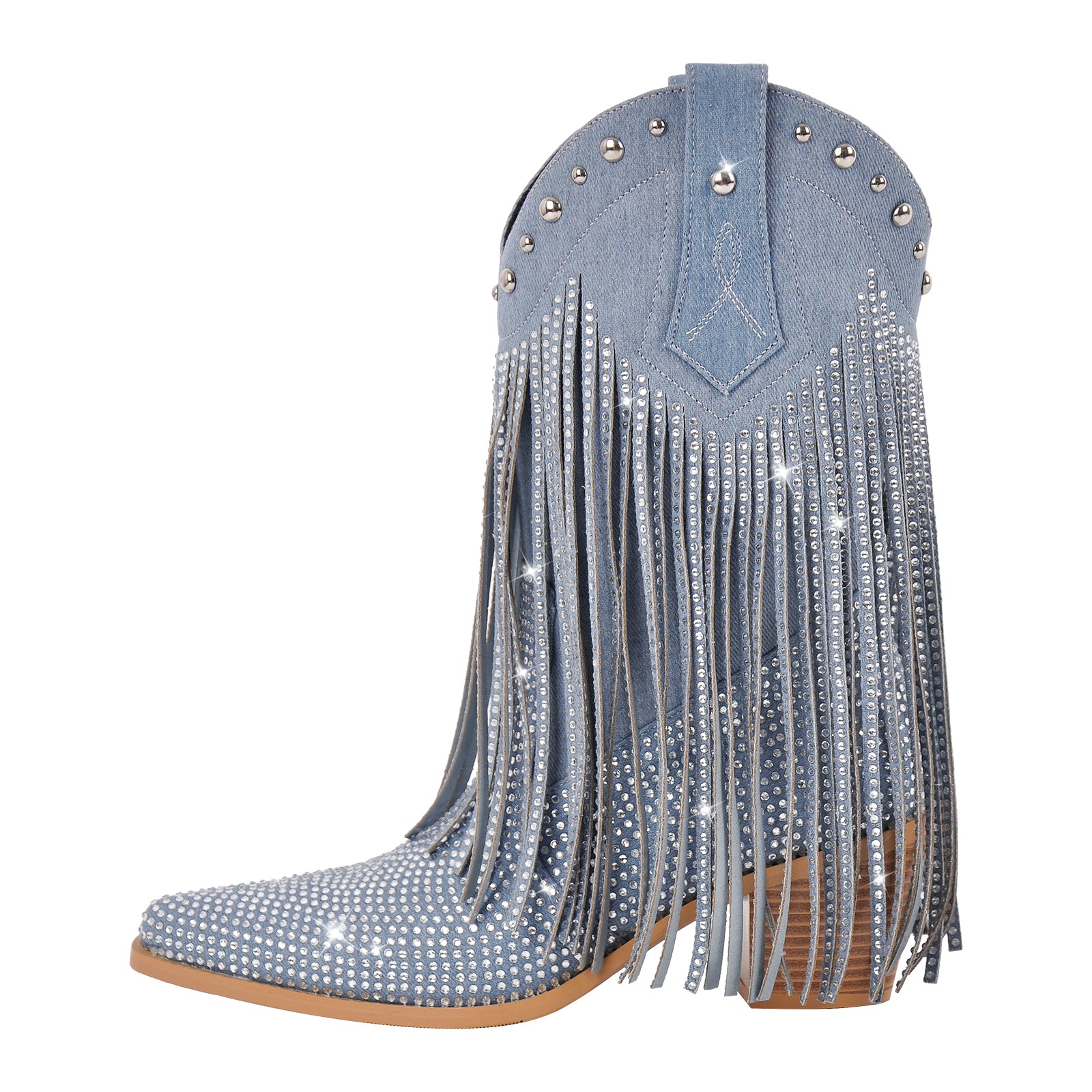 Rhinestone Pointed Toe Fringe Mid-Calf Western Boots – Onlymaker