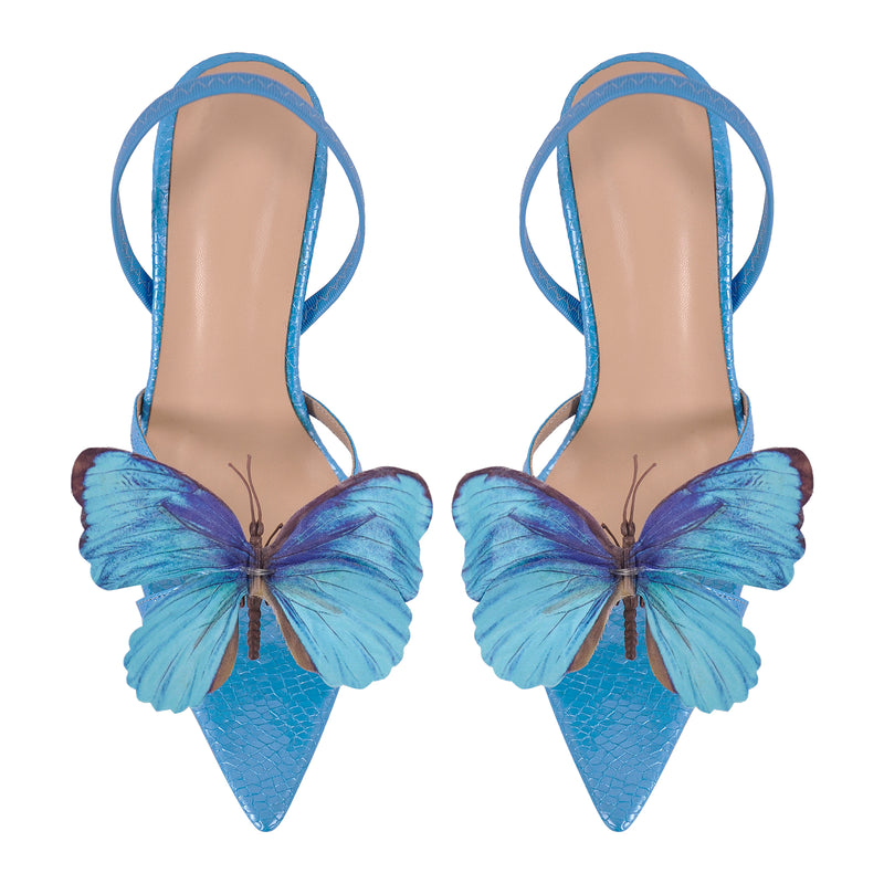Butterfly Pointed Toe Clear Heel Slingback Sandals