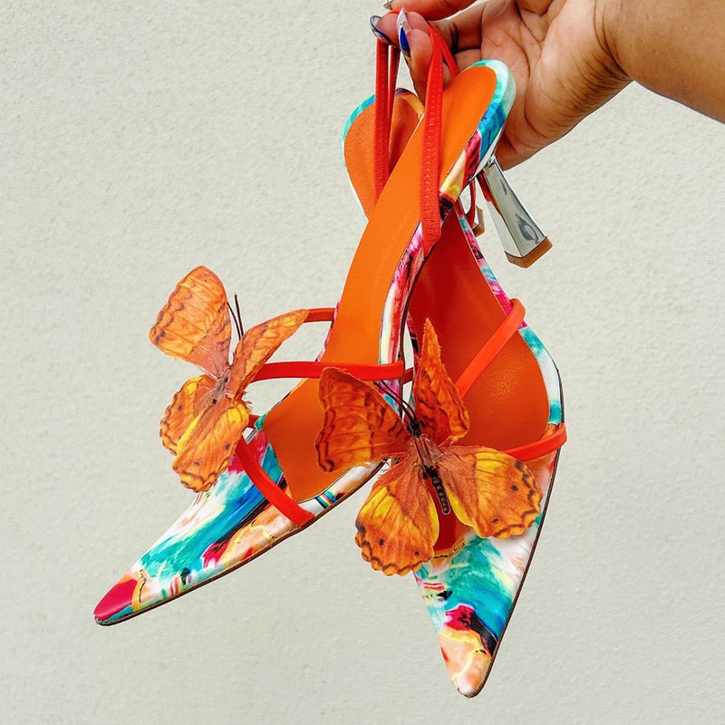 Butterfly Pointed Toe Slingback Kitten Heel Sandals