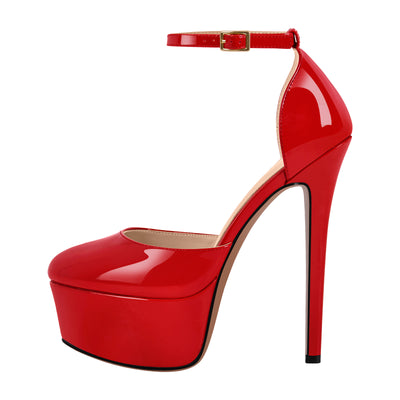 Round Toe Platform Ankle Strap Stiletto Pumps