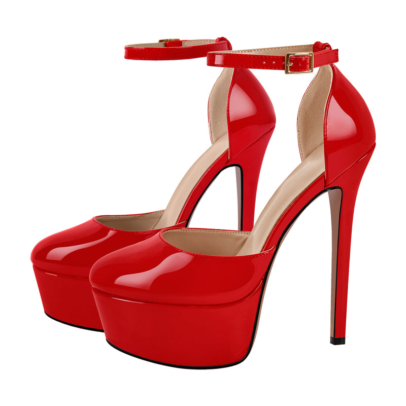 Round Toe Platform Ankle Strap Stiletto Pumps