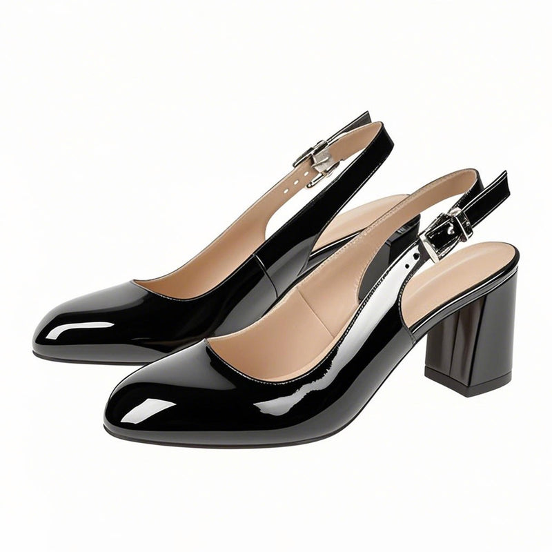 Round Toe Chunky Natural Heels Slingback Pumps