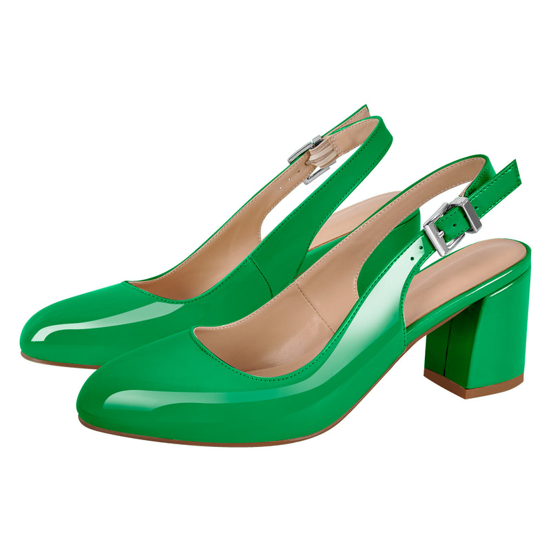 Round Toe Chunky Natural Heels Slingback Pumps