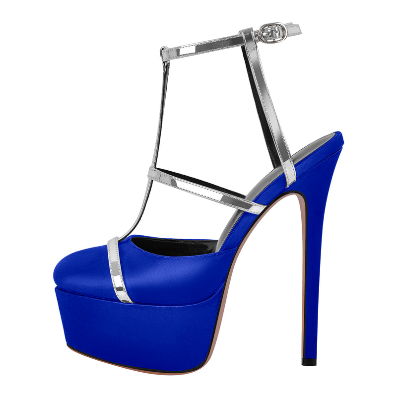 Round Toe T-Strap Platform Stiletto Pumps