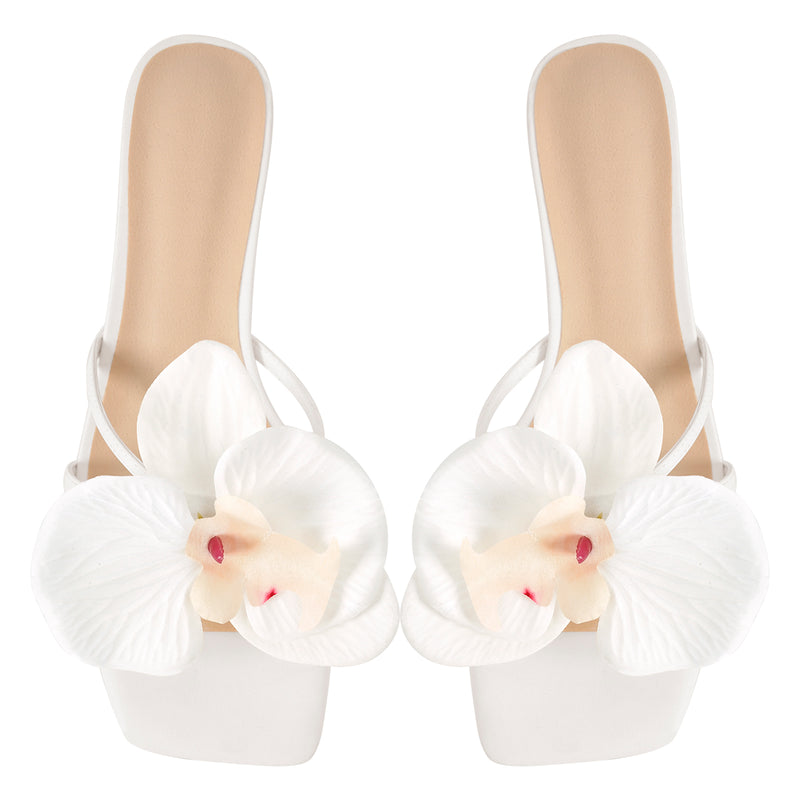 Flower Square Toe Chunky Heel Sandals Mules