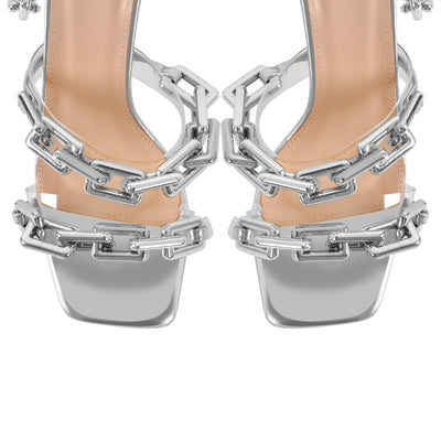 Gold Square Toe Metal Chain Lace-up Stiletto Sandals