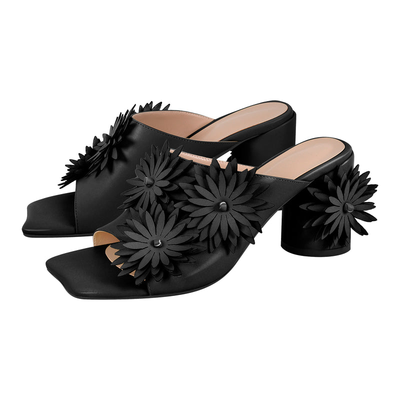 Square Toe Flower Chunky Heel Mules