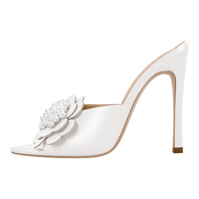 Pearl Flower Pointed Toe Stiletto Mules