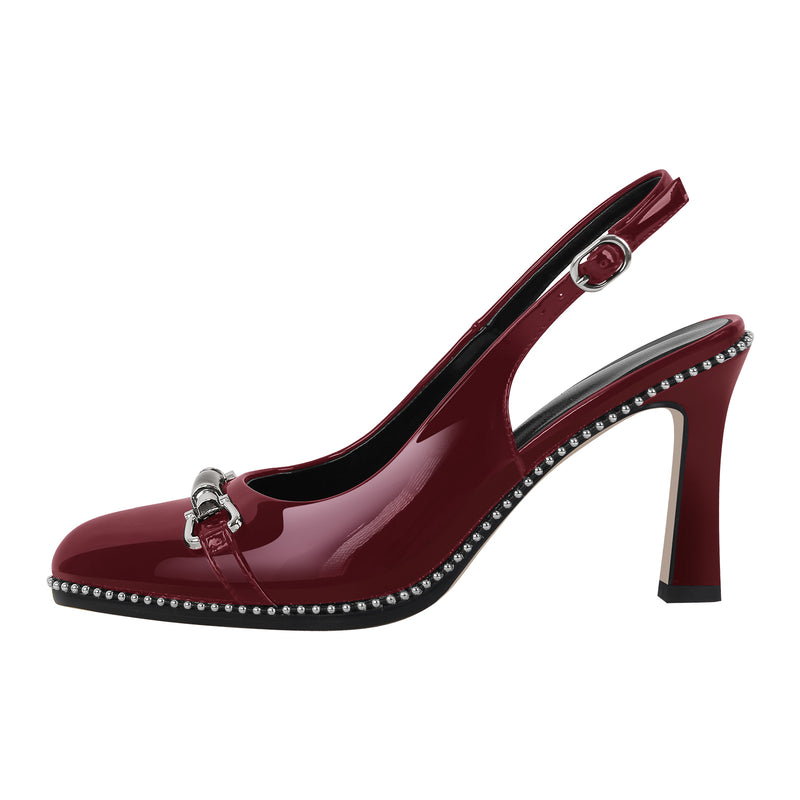 Pointed Toe Rivet Metal Buckle Slingback Pumps