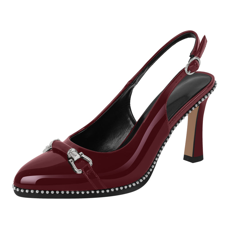 Pointed Toe Rivet Metal Buckle Slingback Pumps