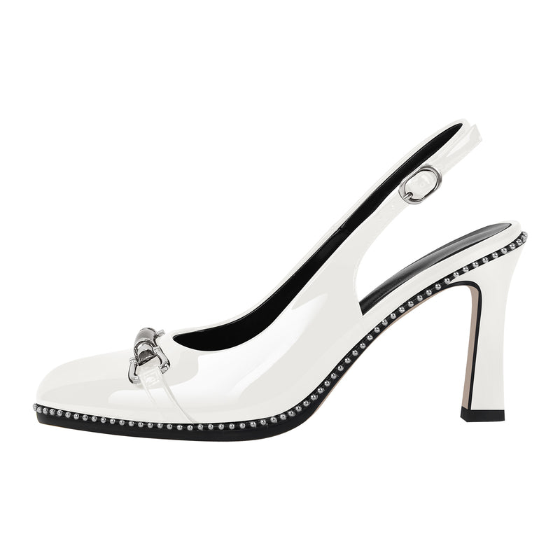 Pointed Toe Rivet Metal Buckle Slingback Pumps